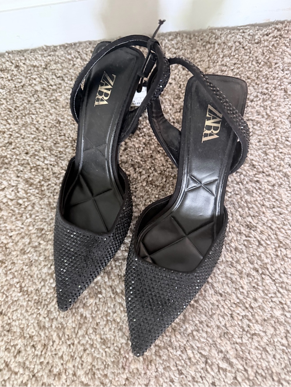 ZARA NWT Black Rhinestone Pointed Slingback Heels 6 36